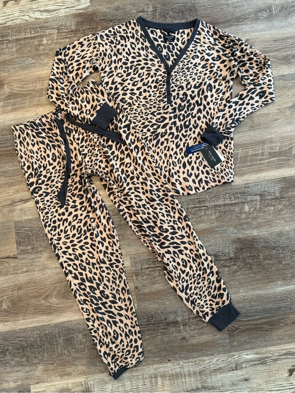 NWT Kate Spade Leopard Print Two-Piece Jogger Pajama Set - Tan and Black Small